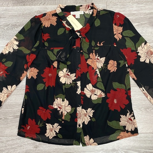 NWT Monteau Los Angeles Black Floral Long Sleeve Blouse XL - Picture 6 of 16